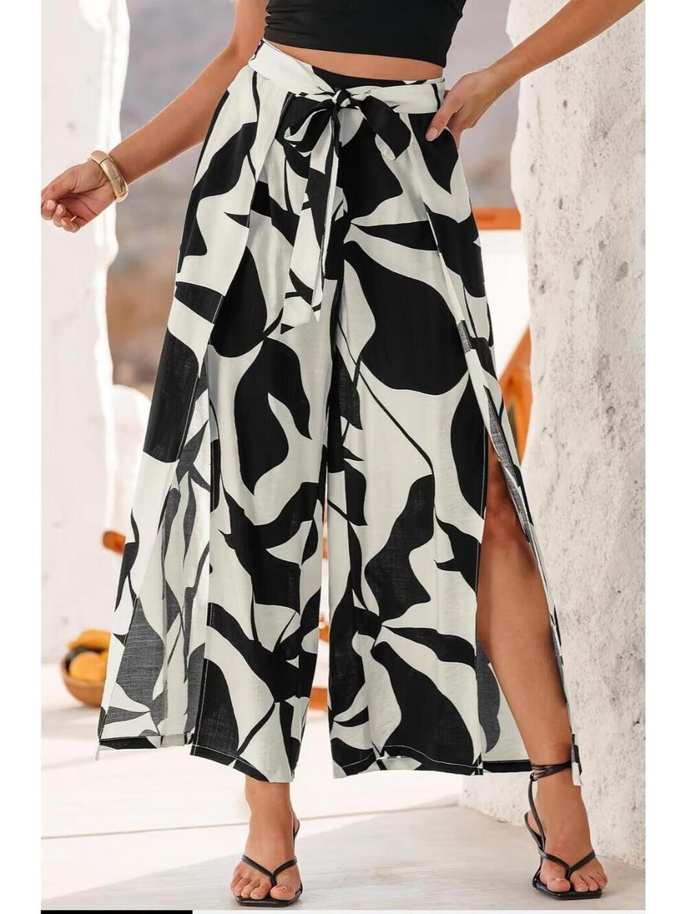 Black Palm Print Split Hem Cover-Up Beach Wear